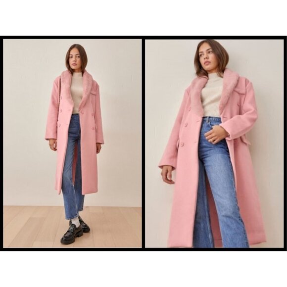 💕REFORMATION💕 Lester Coat ~ Faux Fur Shawl Collar Double Breasted Pink S NWT - Picture 2 of 15